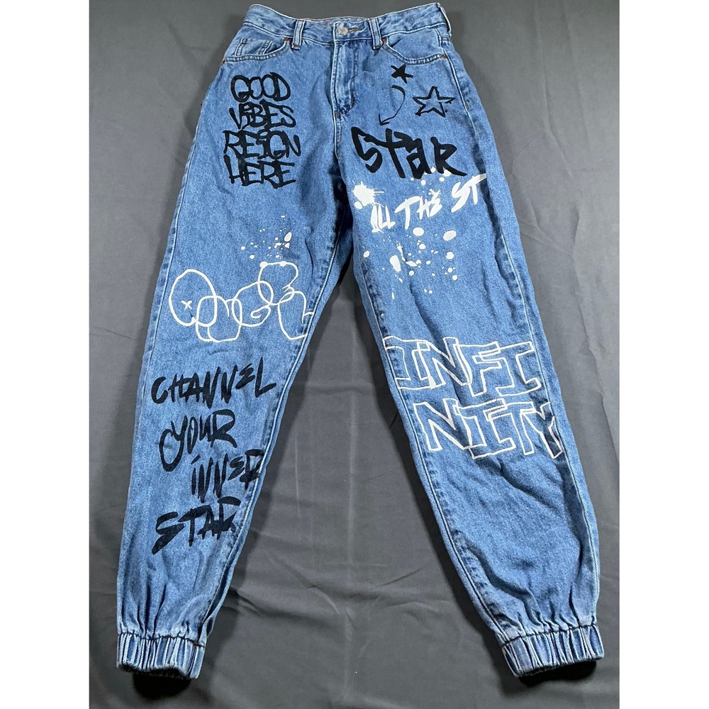 SONG Graffiti Jogger Jeans Blue Denim High Waisted Streetwear Size 0/24